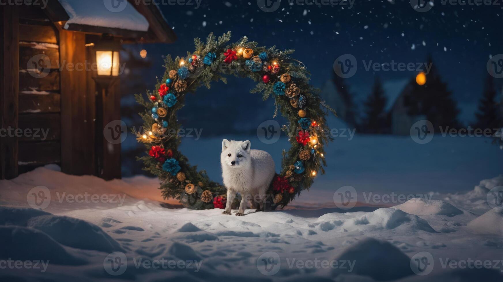 A serene winter scene featuring a white fox near a festive wreath in a snowy landscape. photo