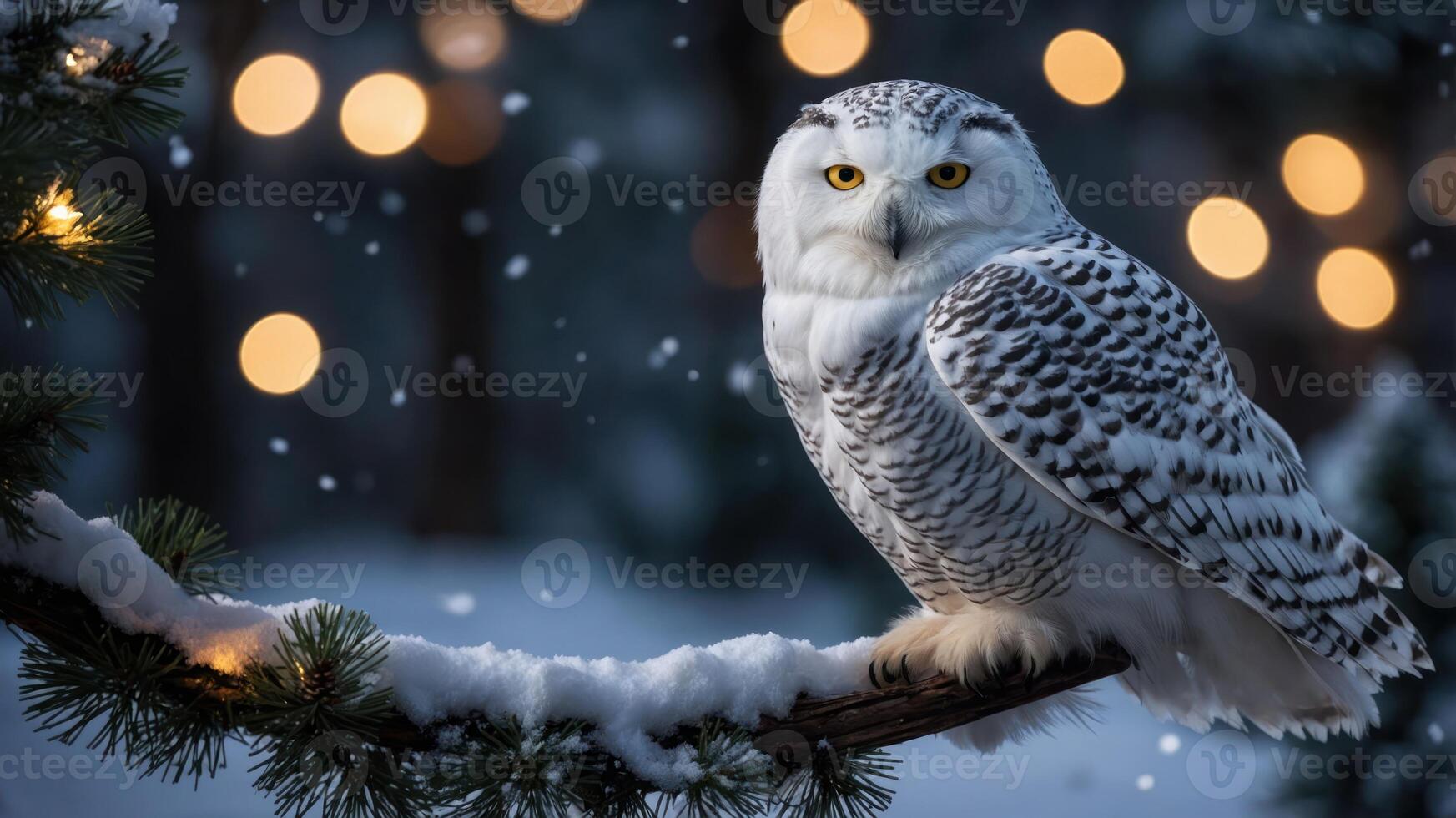 A snowy owl perched on a branch with soft bokeh lights in a winter setting. photo