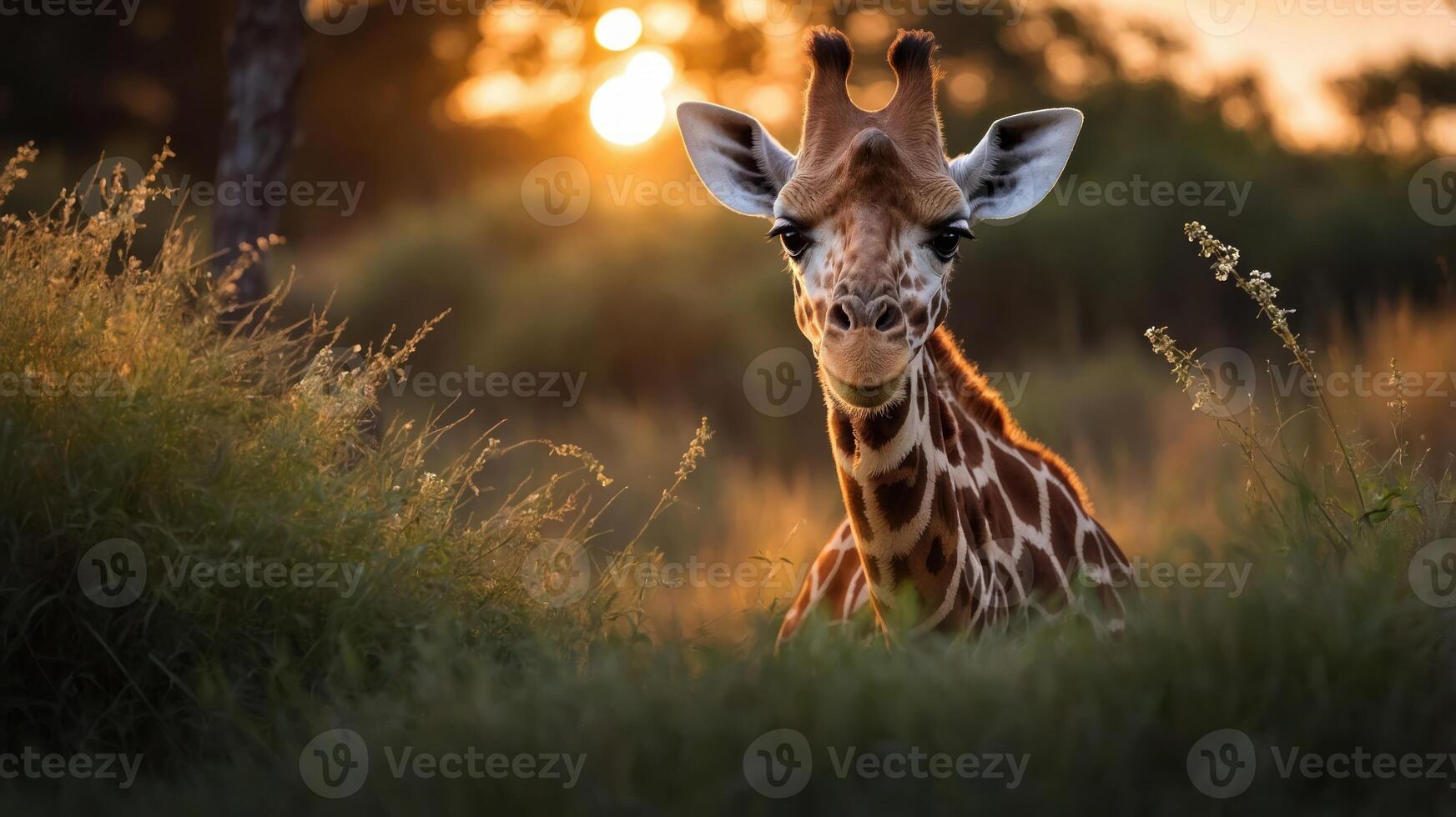 A serene giraffe gazes at the sunset in a grassy landscape. photo