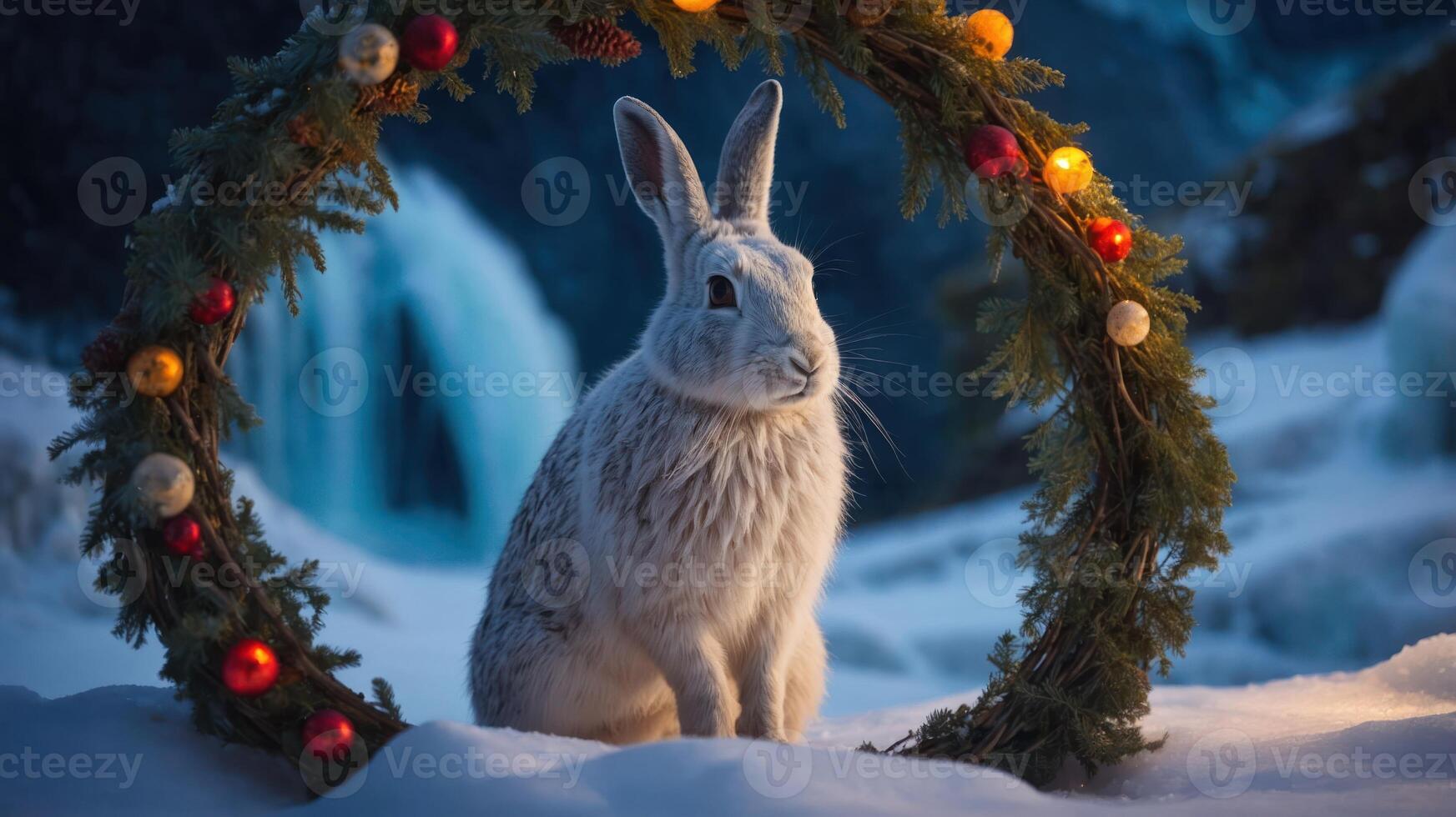 A serene rabbit sits in a snowy landscape framed by a festive wreath. photo