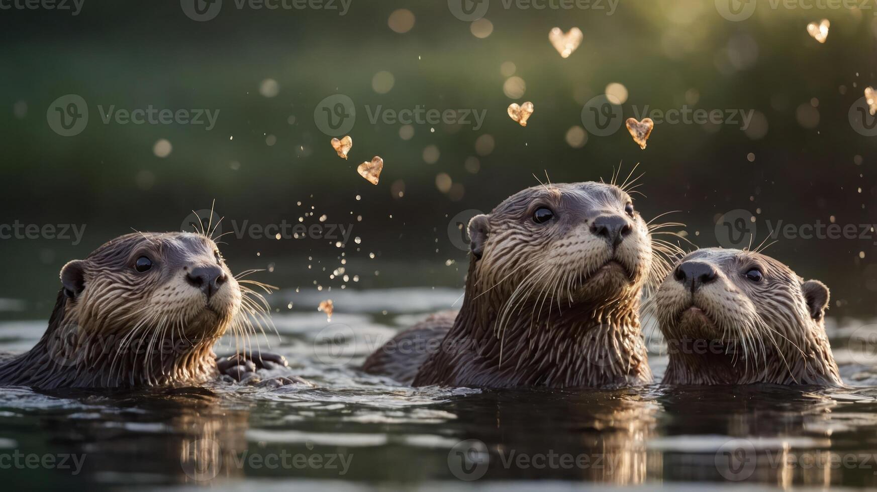Three otters in water with hearts floating above, showcasing a playful and affectionate scene. photo