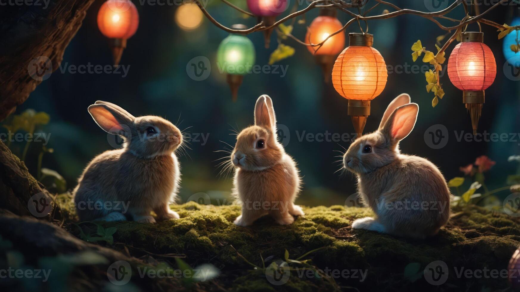Three rabbits sit on moss under colorful lanterns in a serene forest setting. photo