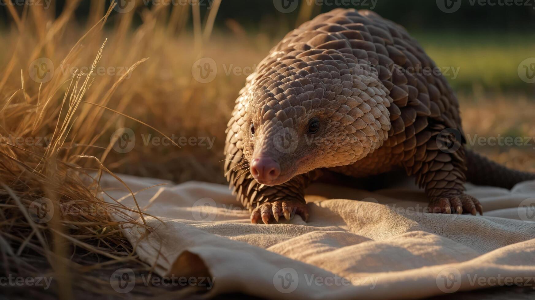 A pangolin on a cloth in a natural setting, showcasing wildlife conservation. photo