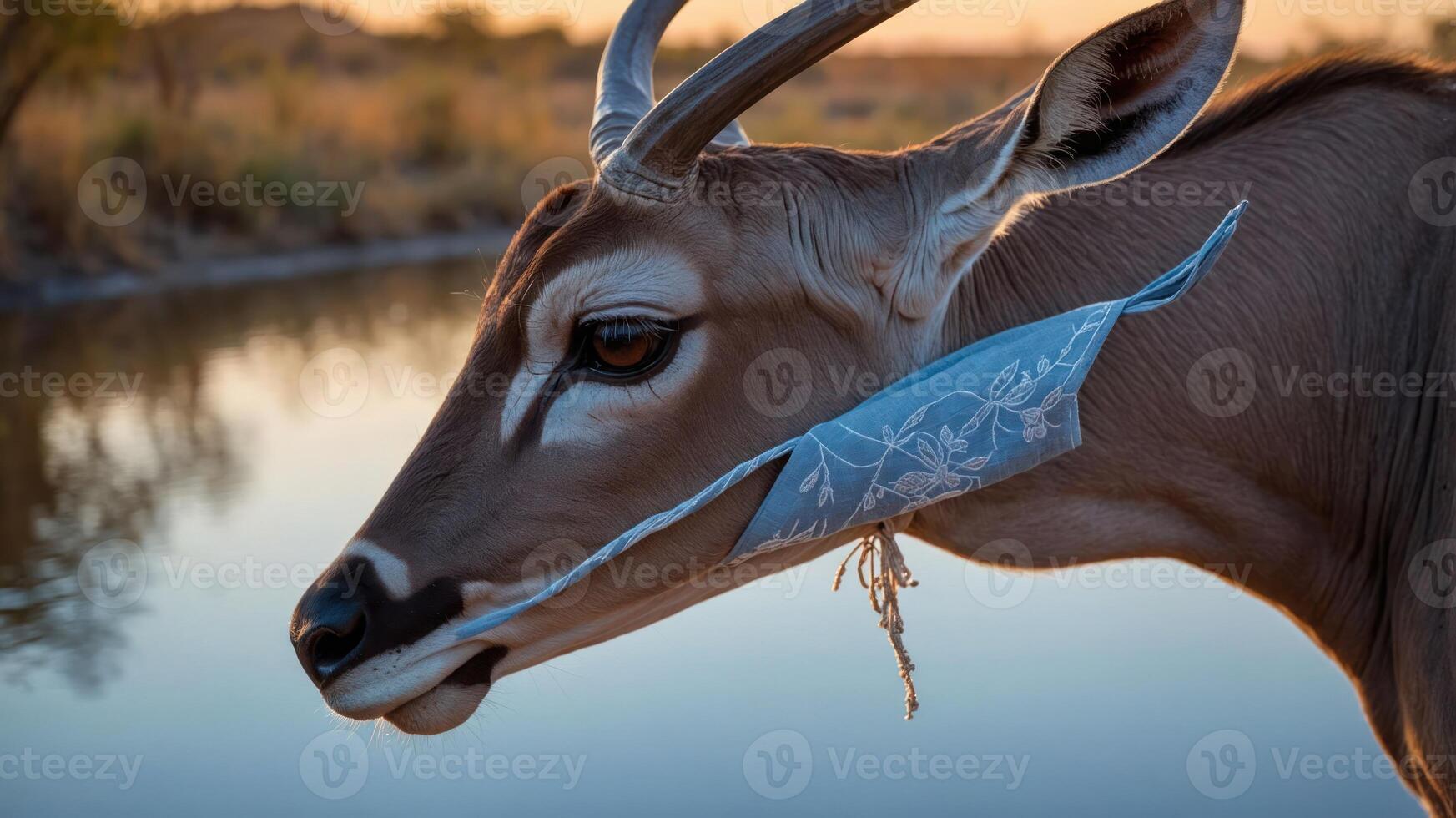 A close-up of an antelope by a water body during sunset. photo