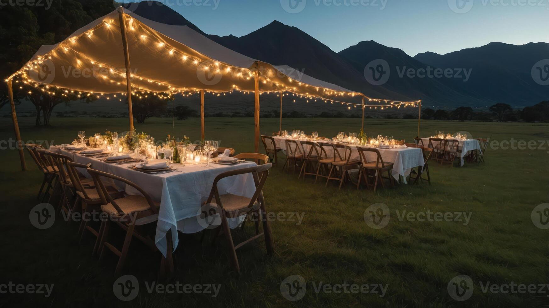 A beautifully arranged outdoor dining setup with string lights and mountain backdrop at dusk. photo