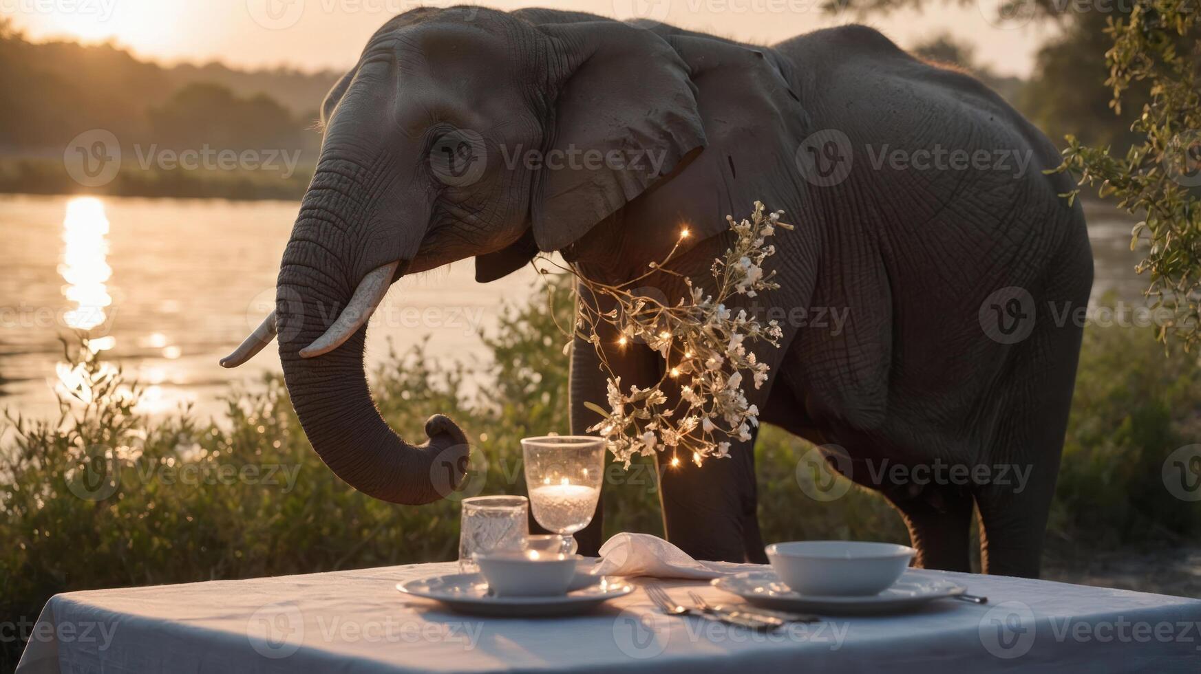 An elephant stands near a beautifully set dining table at sunset by the water. photo