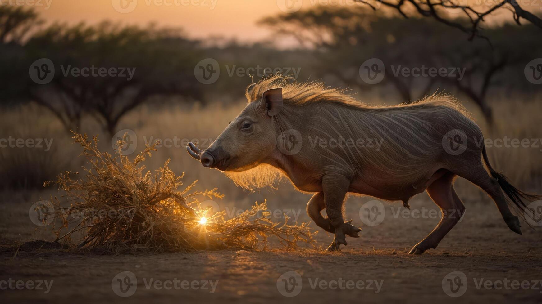 A wild boar runs through a sunset-lit landscape, creating a dynamic and natural scene. photo
