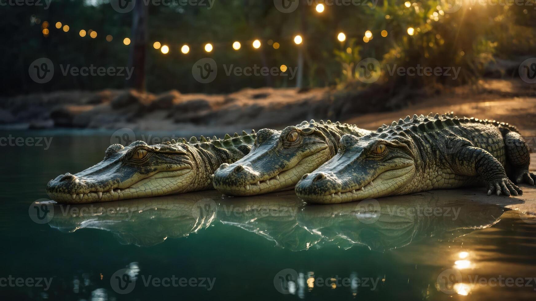 Three crocodiles resting by a serene water edge, illuminated by soft lights in the background. photo