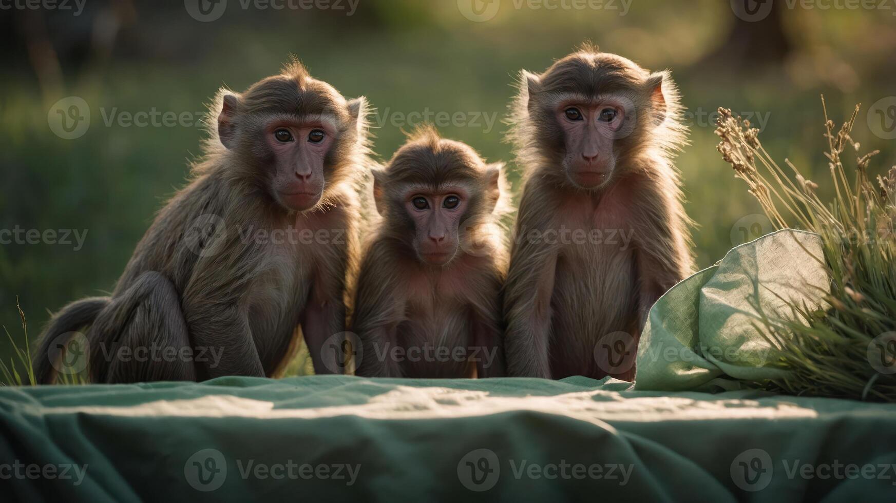Three baboons sitting together on a green surface in a natural setting. photo