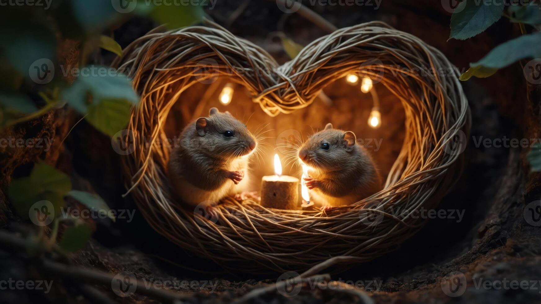 Two hamsters sit in a heart-shaped nest with a candle, surrounded by soft lights. photo
