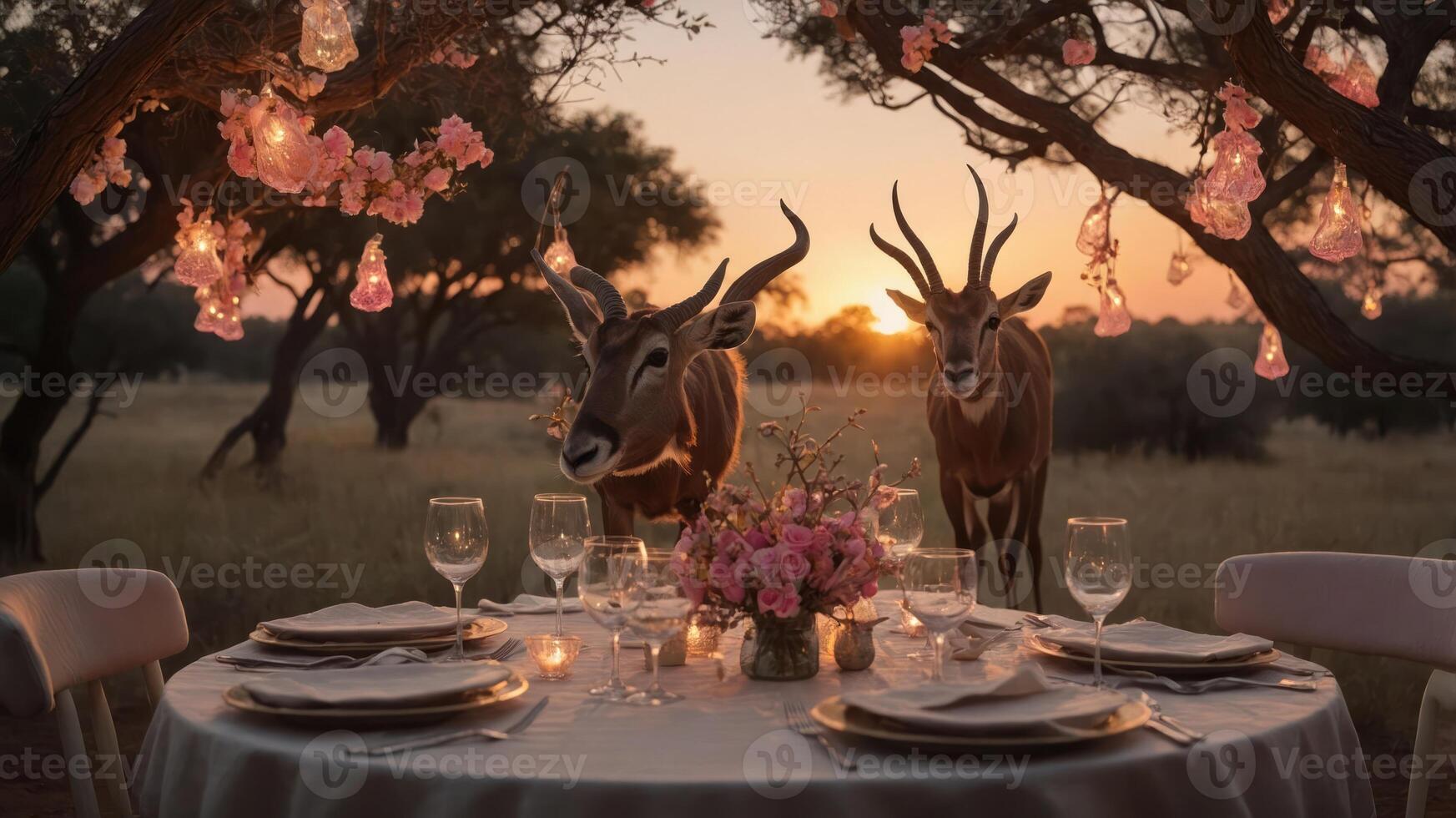 A picturesque dining setup in nature with two antelopes at sunset. photo
