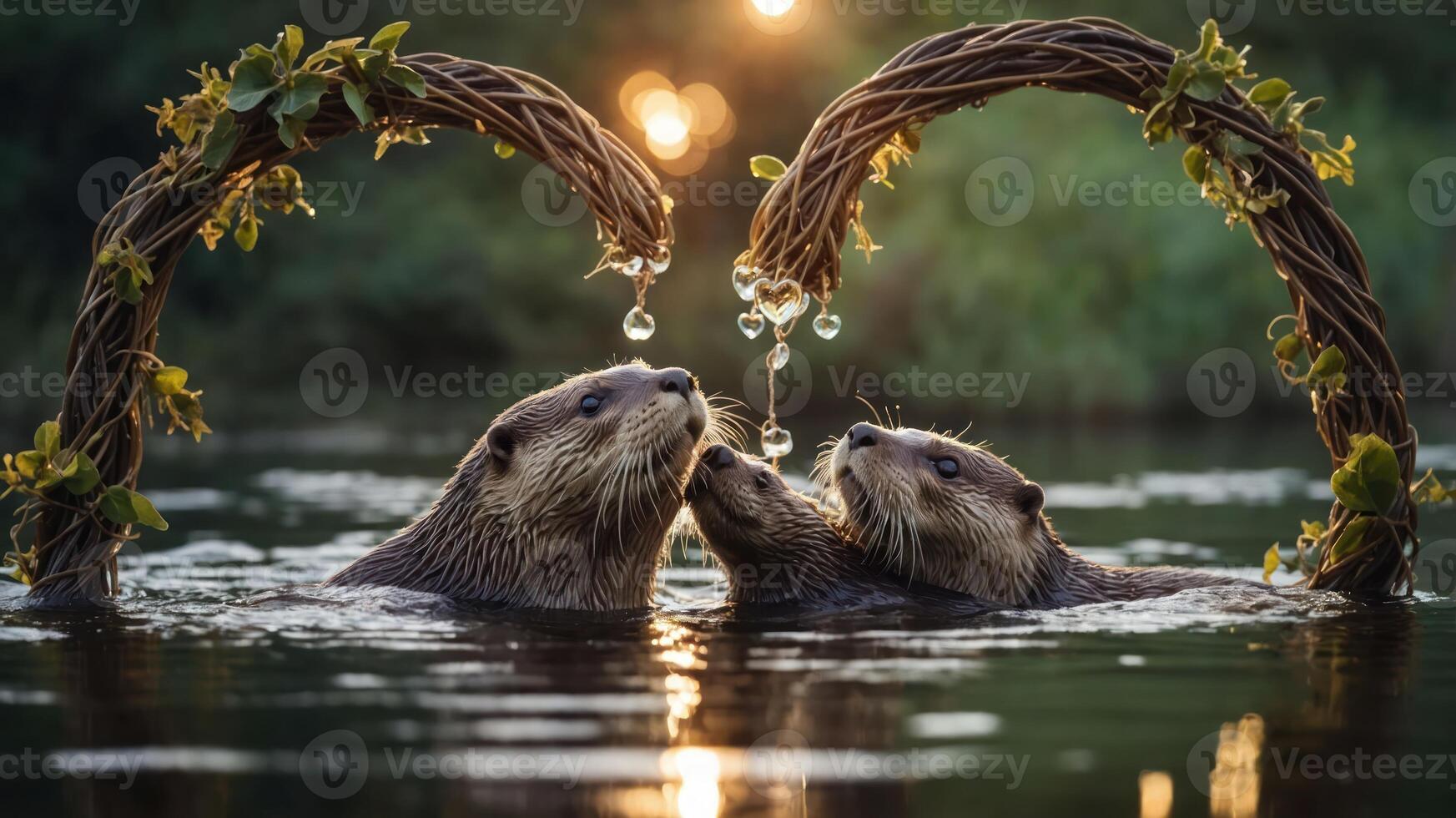 Three otters playfully interacting under a heart-shaped arch with water droplets. photo