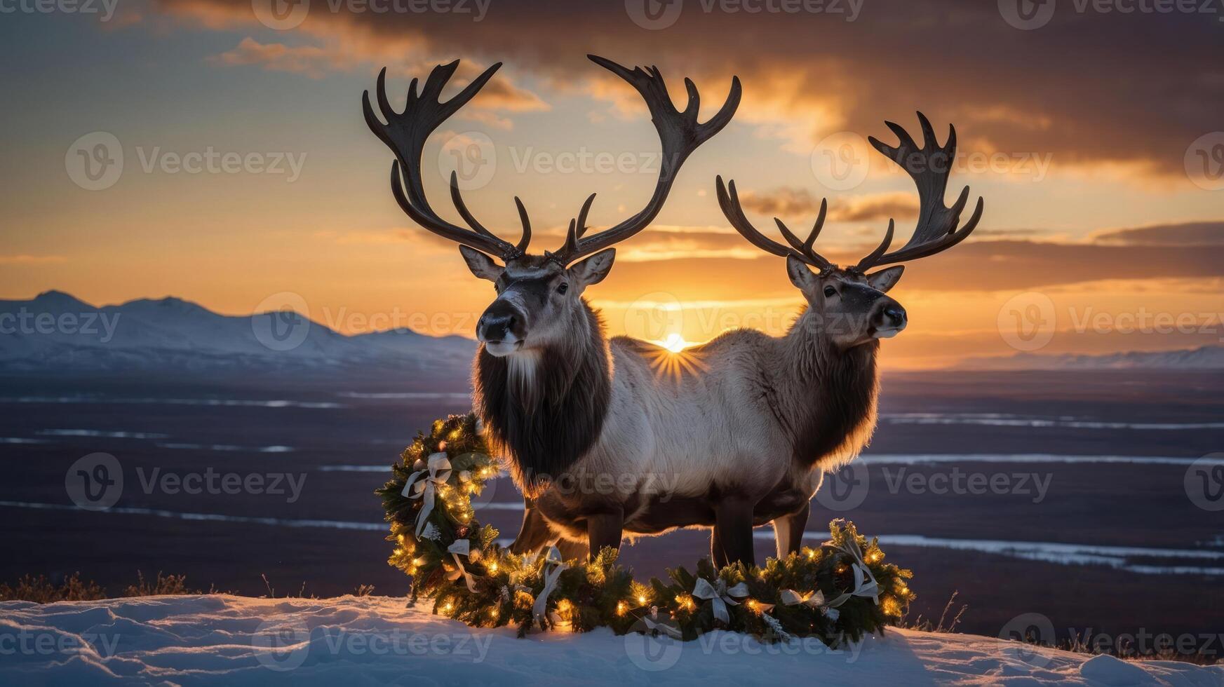 Two reindeer stand in snow at sunset, surrounded by a festive wreath. photo