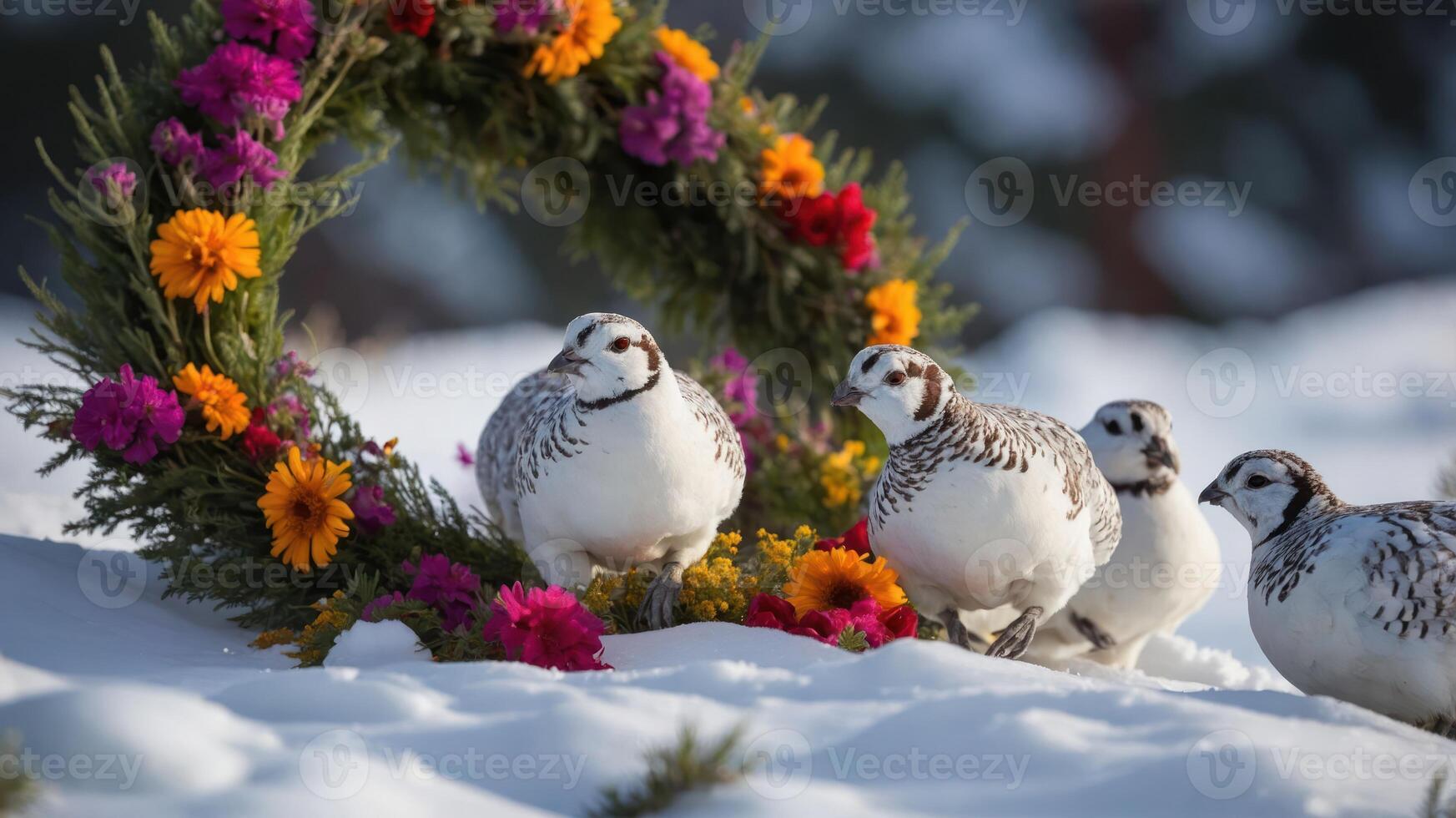 A group of birds near a floral wreath in a snowy landscape. photo
