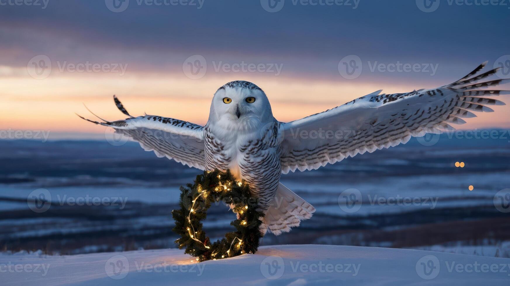 A snowy owl perched on a festive wreath at sunset, creating a serene winter scene. photo