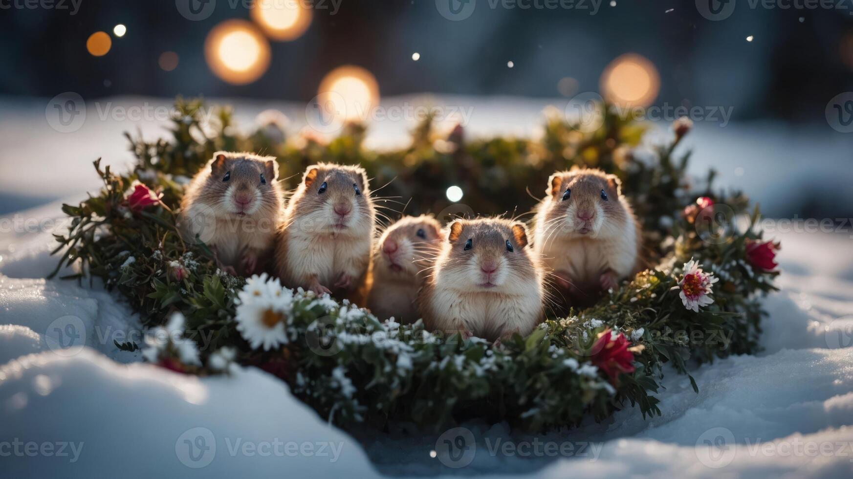 Five cute guinea pigs nestled in a festive wreath surrounded by snow and soft lights. photo