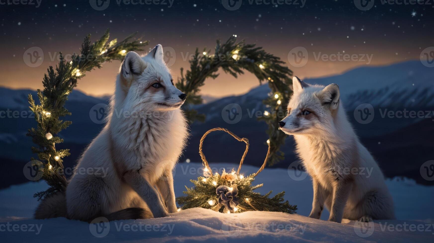 Two foxes sit beside a decorated wreath in a snowy landscape under a starry sky. photo