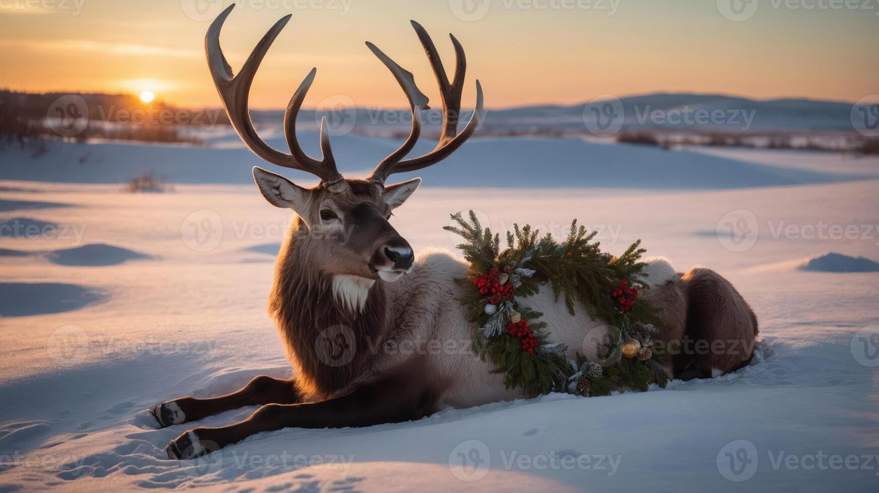 A reindeer adorned with a festive wreath rests in a snowy landscape at sunset. photo