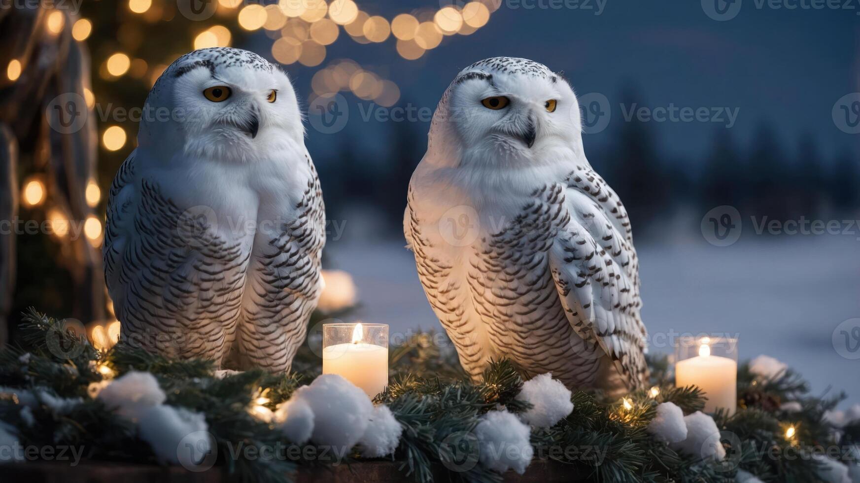 Two snowy owls perched on a snowy ledge, surrounded by candles and festive decorations. photo