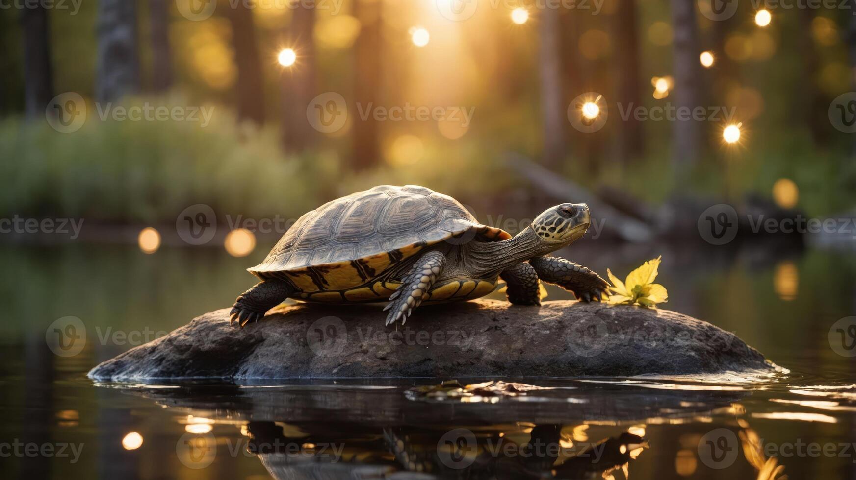 A turtle resting on a rock in a serene, sunlit forest setting. photo