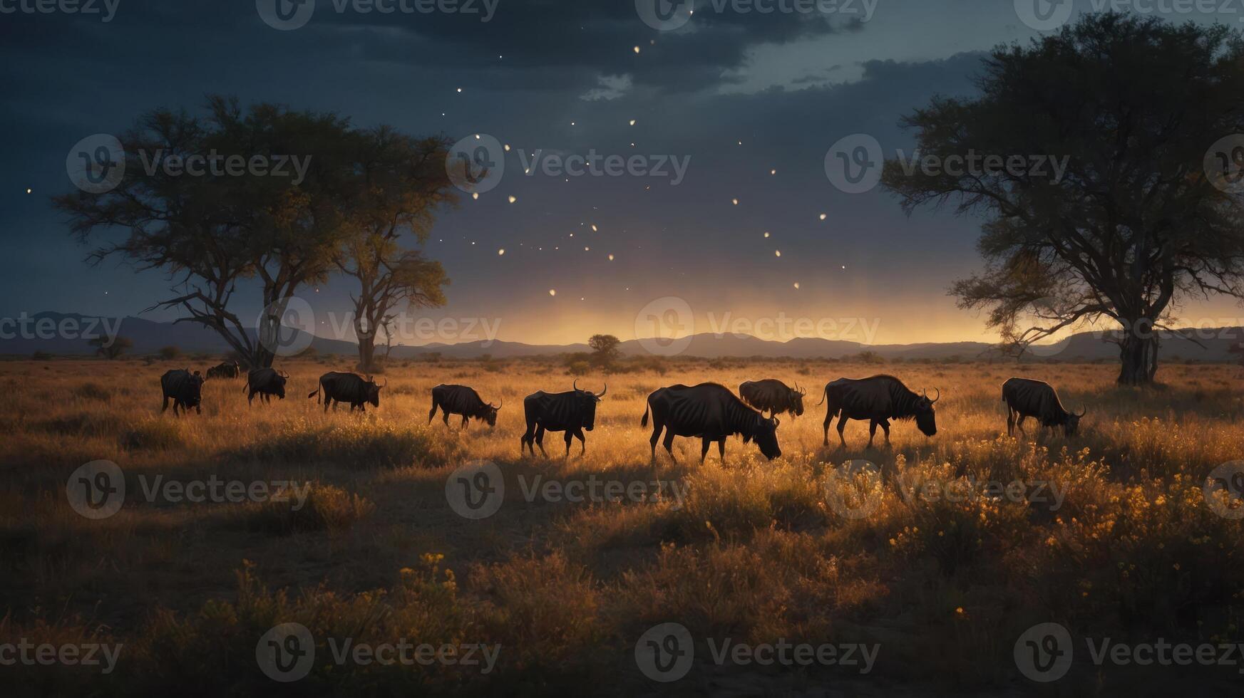 A serene dusk scene featuring a herd of buffalo grazing under a starry sky. photo