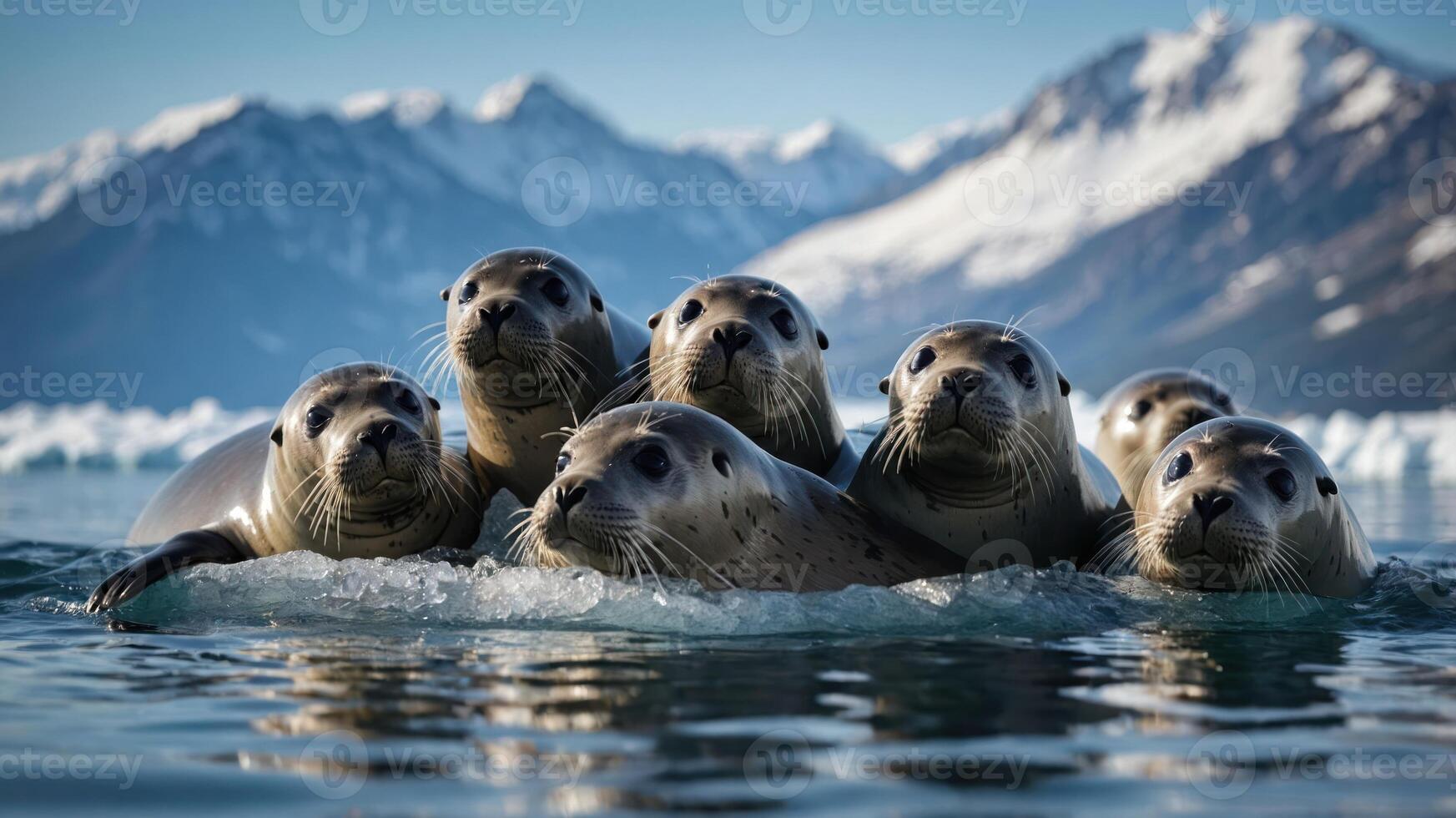 A group of seals swimming in a serene glacial landscape with mountains in the background. photo
