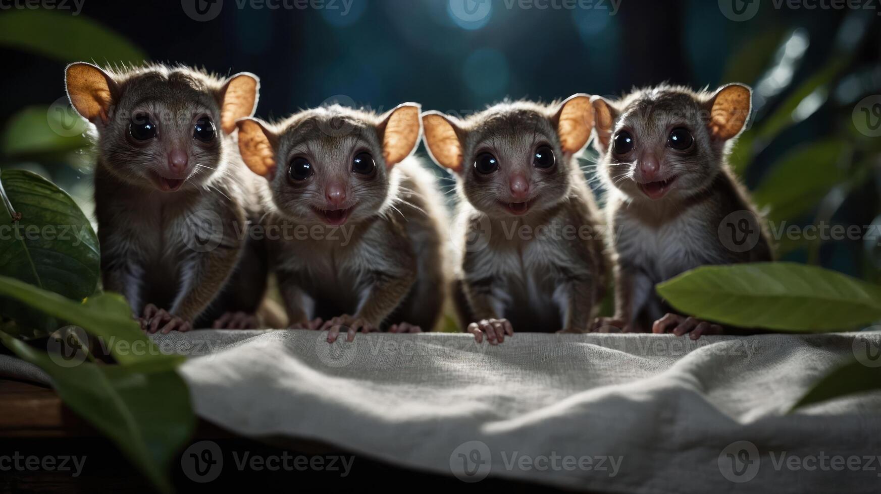 Four adorable marsupials with large ears pose together in a lush, natural setting. photo