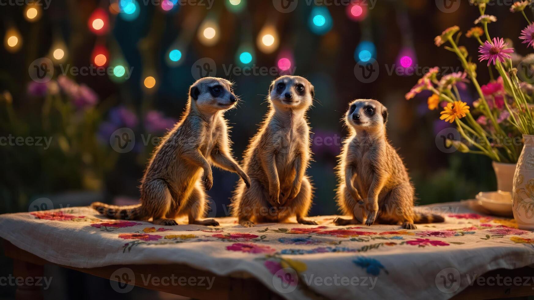 Three meerkats sitting on a colorful tablecloth with flowers and lights in the background. photo