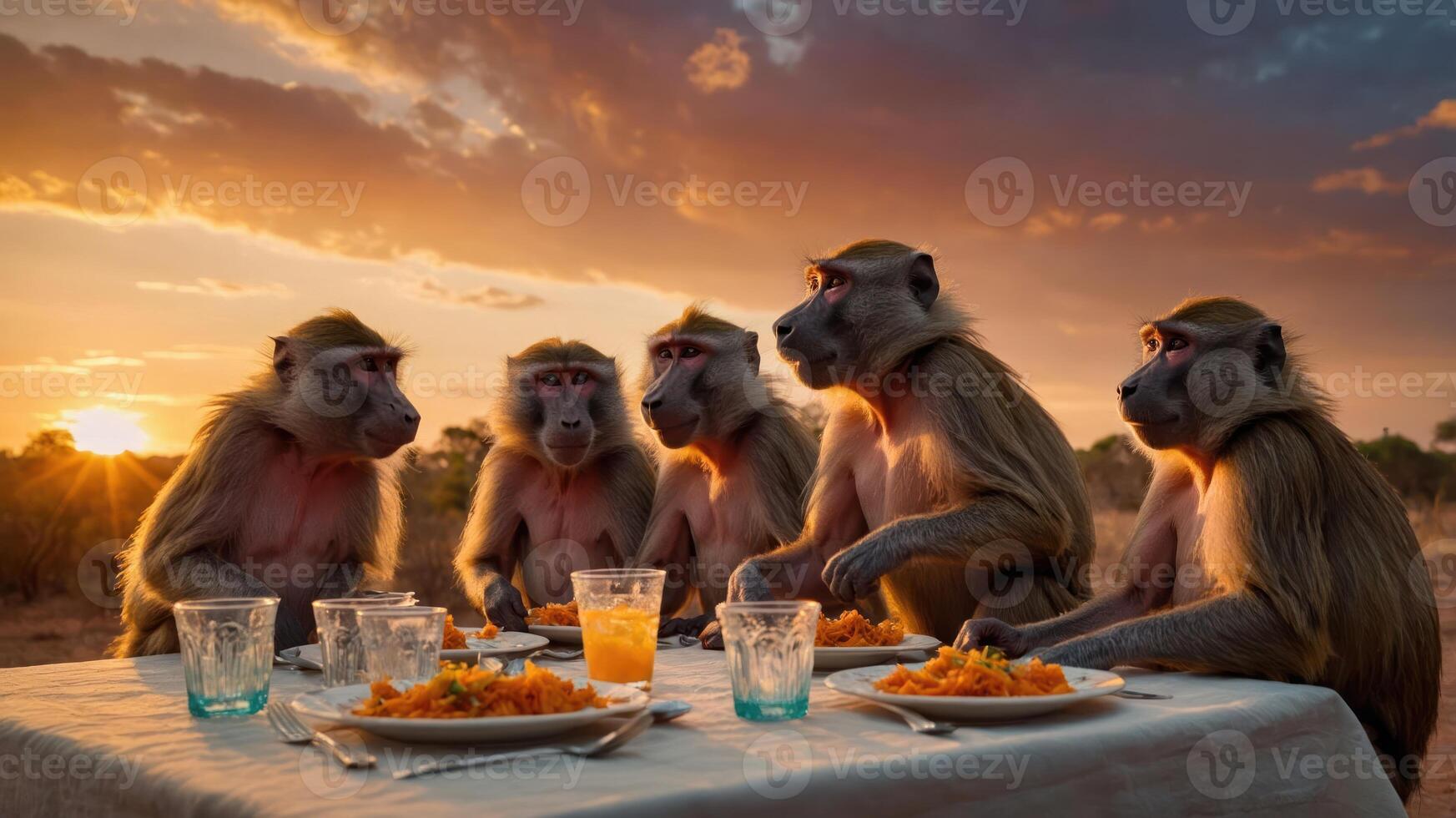 A group of baboons dining together at sunset, enjoying a meal on a table. photo