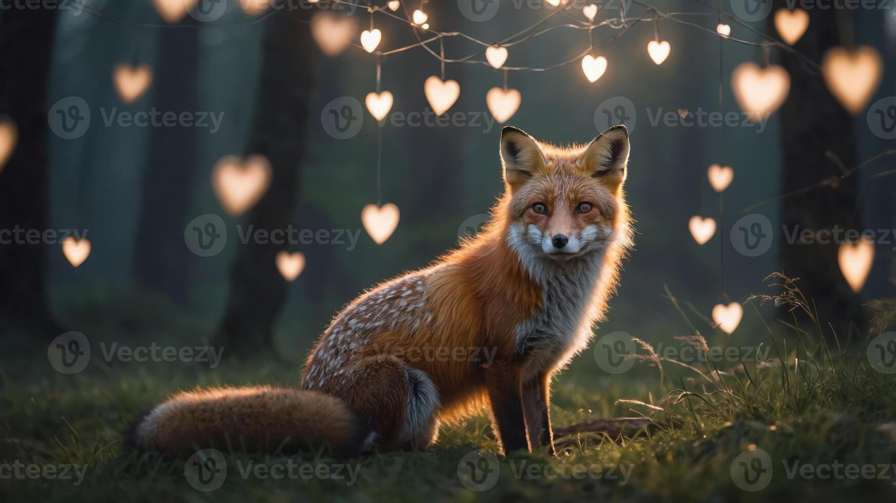 A fox sits serenely in a misty forest, surrounded by heart-shaped lights. photo