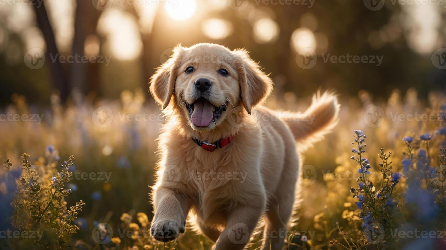 A playful golden retriever puppy running through a field of flowers during sunset. photo