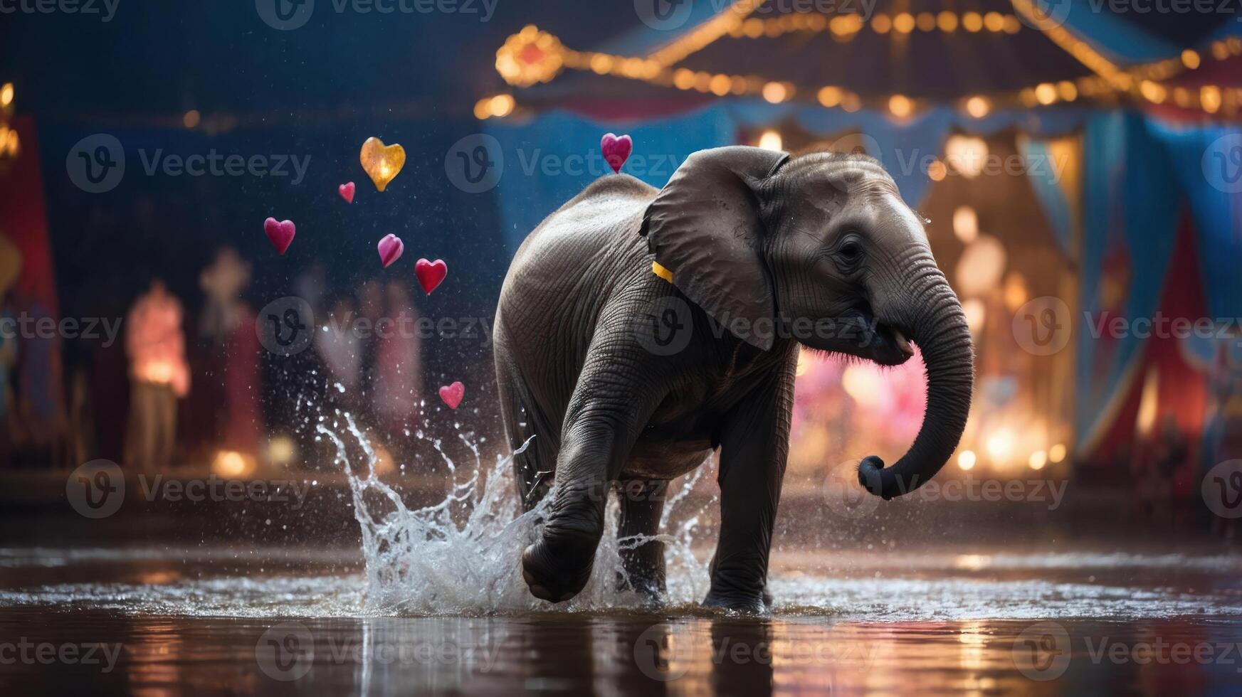 A playful elephant splashes in water, surrounded by colorful hearts in a festive setting. photo