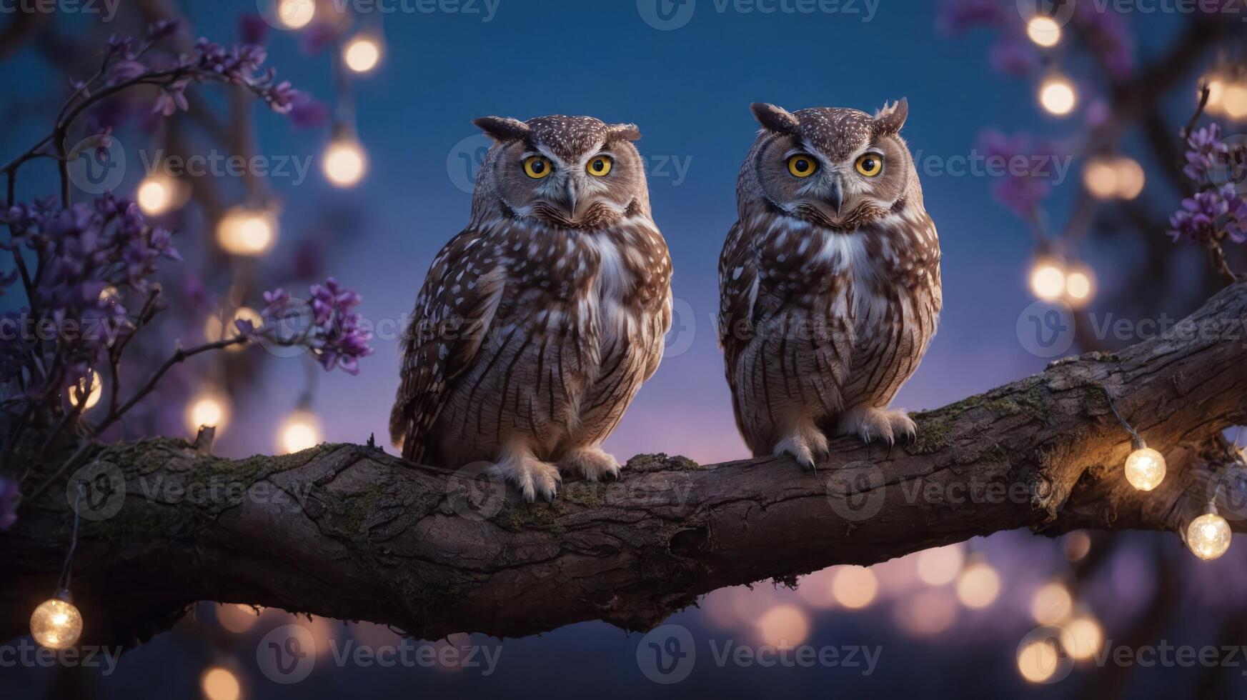 Two owls perched on a branch with fairy lights and blossoms in a twilight setting. photo