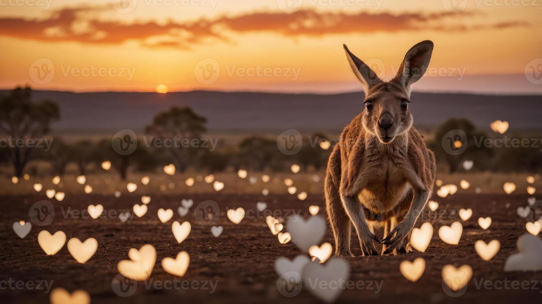 A kangaroo amidst heart-shaped lights at sunset, creating a whimsical and romantic atmosphere. photo