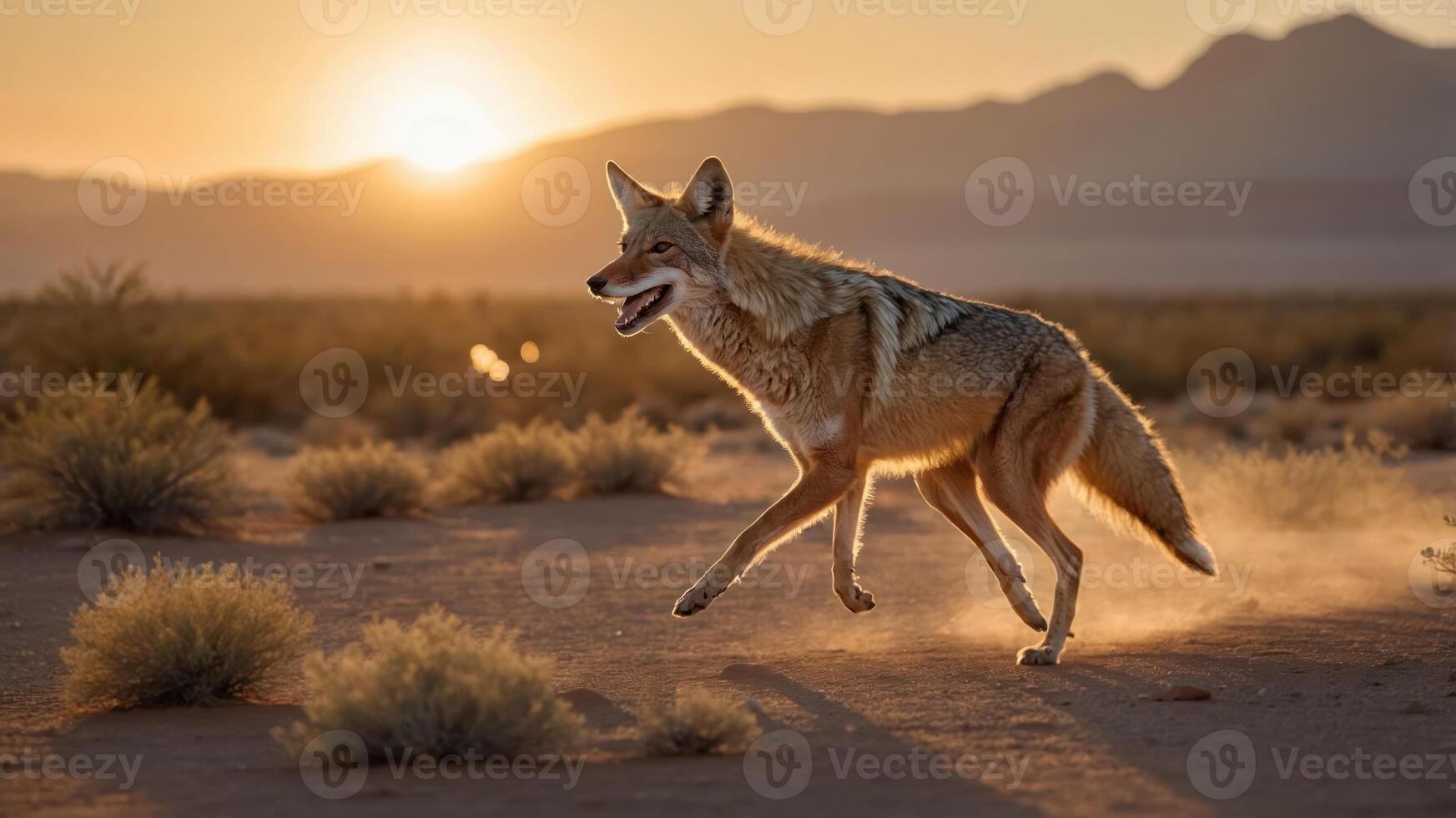 A coyote running in a desert landscape at sunset, capturing the beauty of wildlife. photo