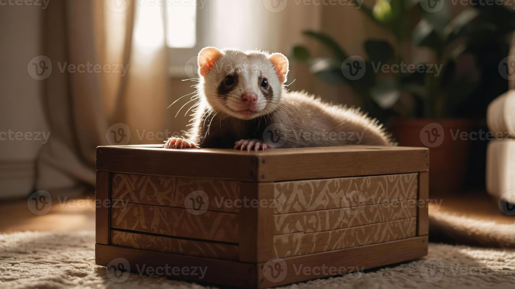 A playful ferret resting on a decorative wooden box in a cozy indoor setting. photo