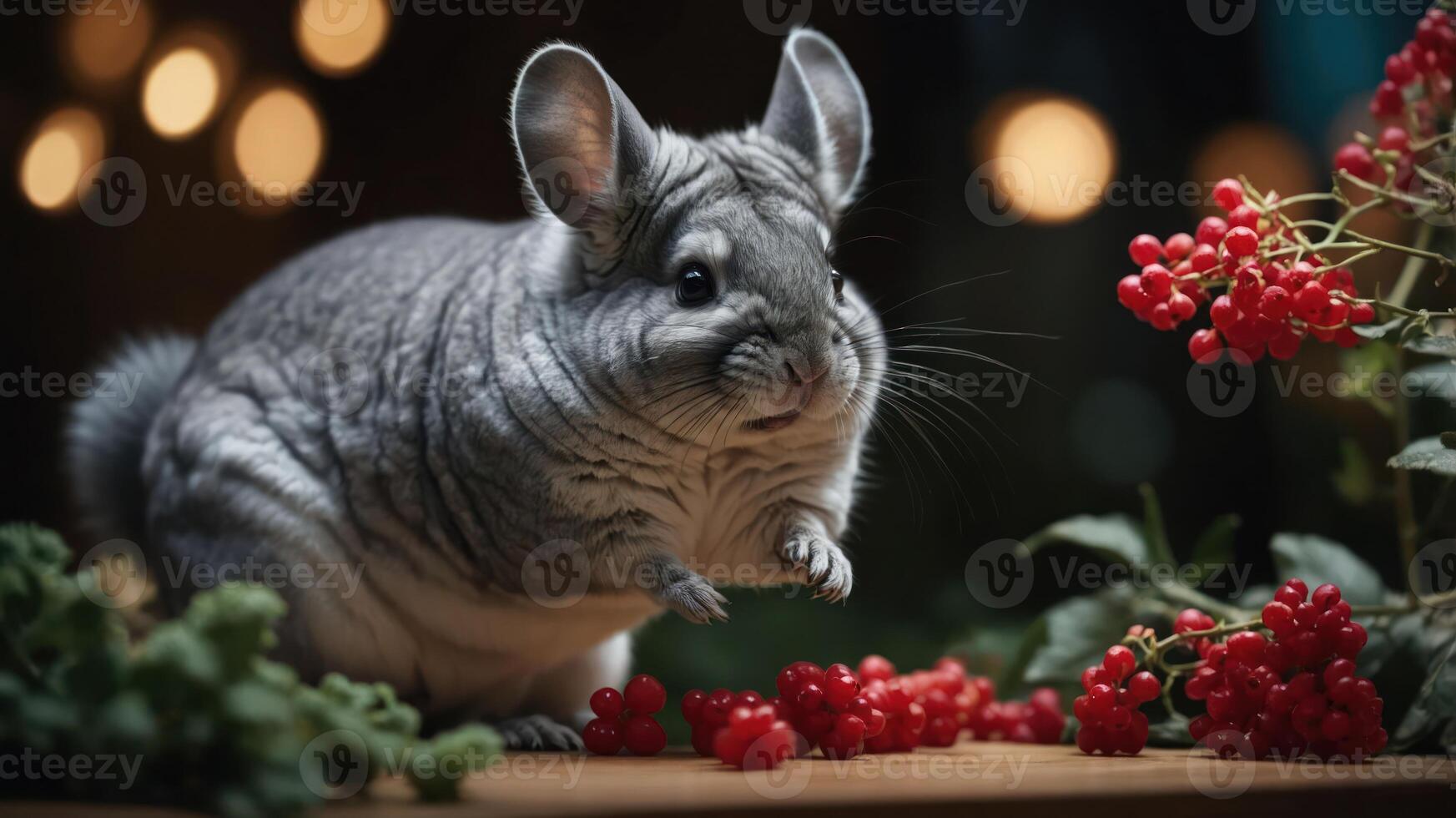 A cute chinchilla surrounded by red berries and greenery in a softly lit setting. photo