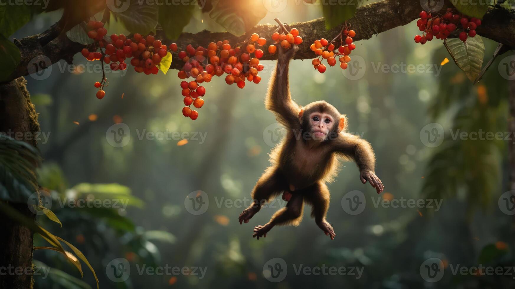 A playful monkey hanging from a branch in a lush, vibrant forest setting. photo
