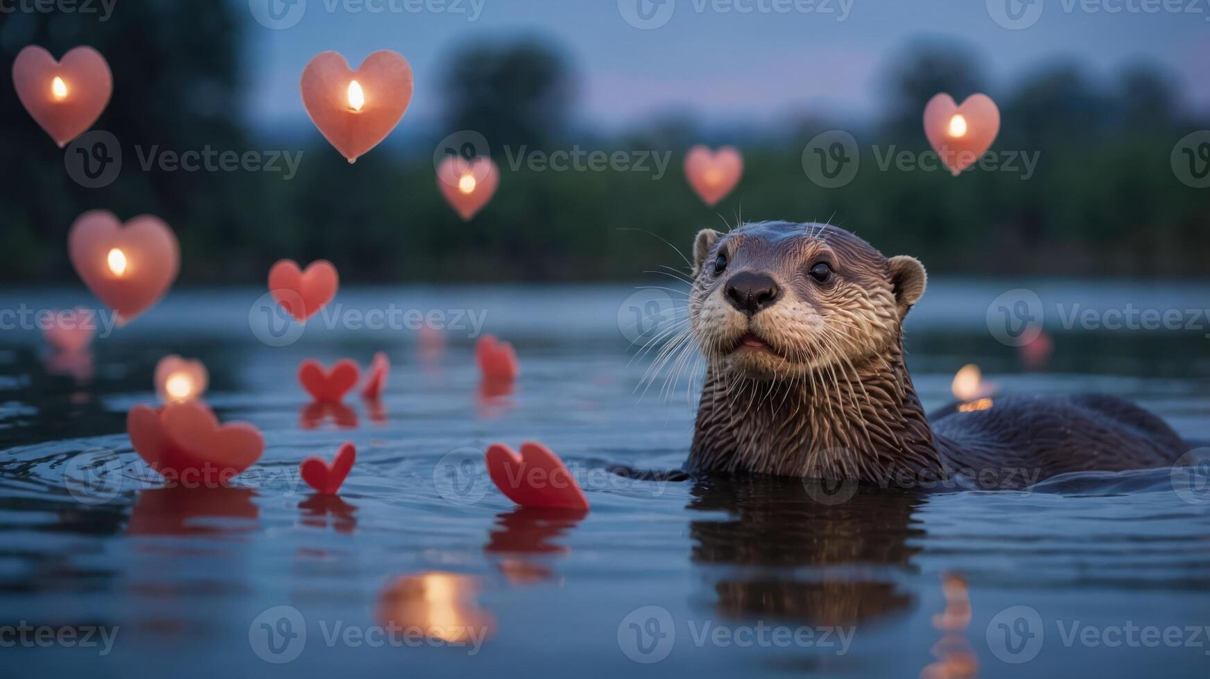 An otter surrounded by floating heart-shaped lights in a serene water setting. photo