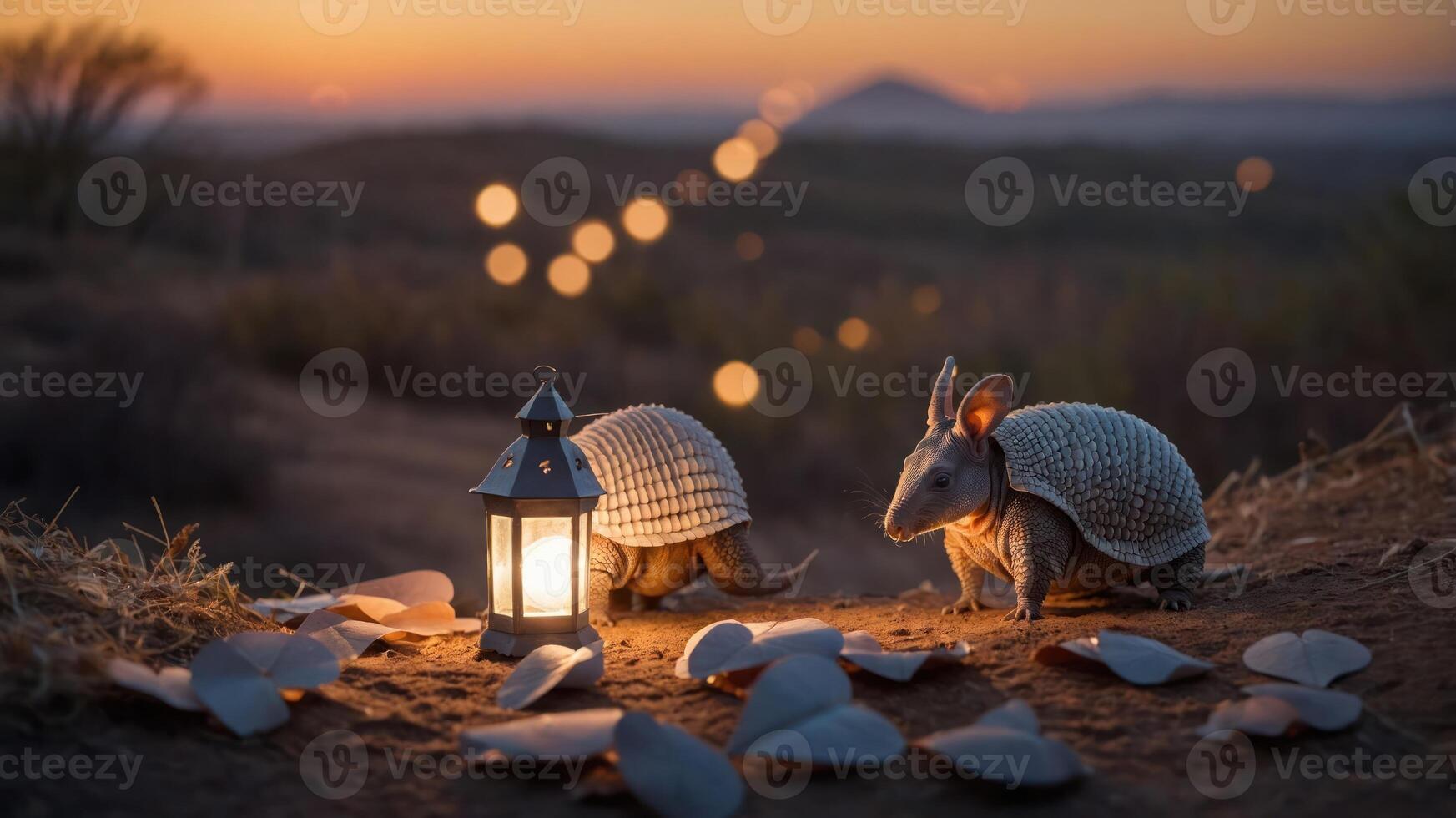 Two armadillos near a lantern at sunset, surrounded by leaves and a scenic landscape. photo