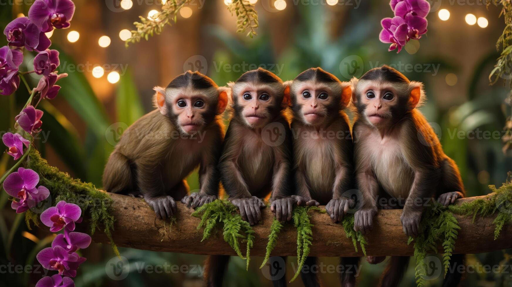 Four monkeys sitting on a branch surrounded by greenery and flowers, creating a playful scene. photo