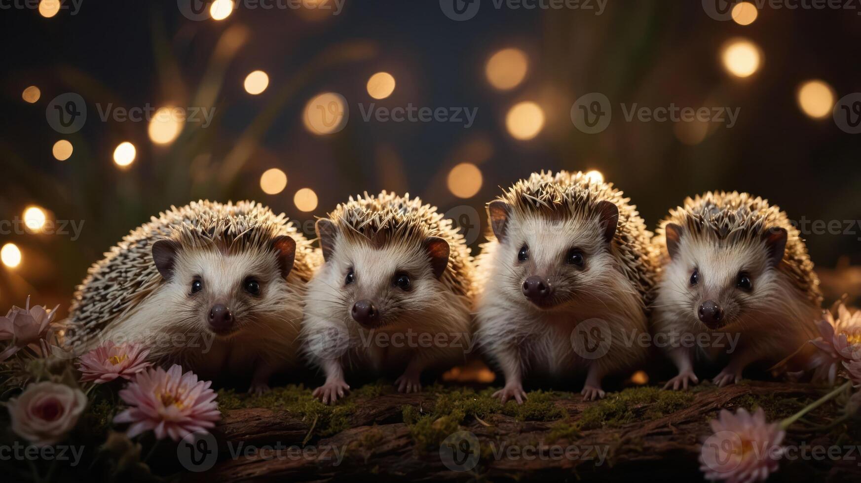 A charming scene featuring four hedgehogs on a log surrounded by soft lighting and flowers. photo