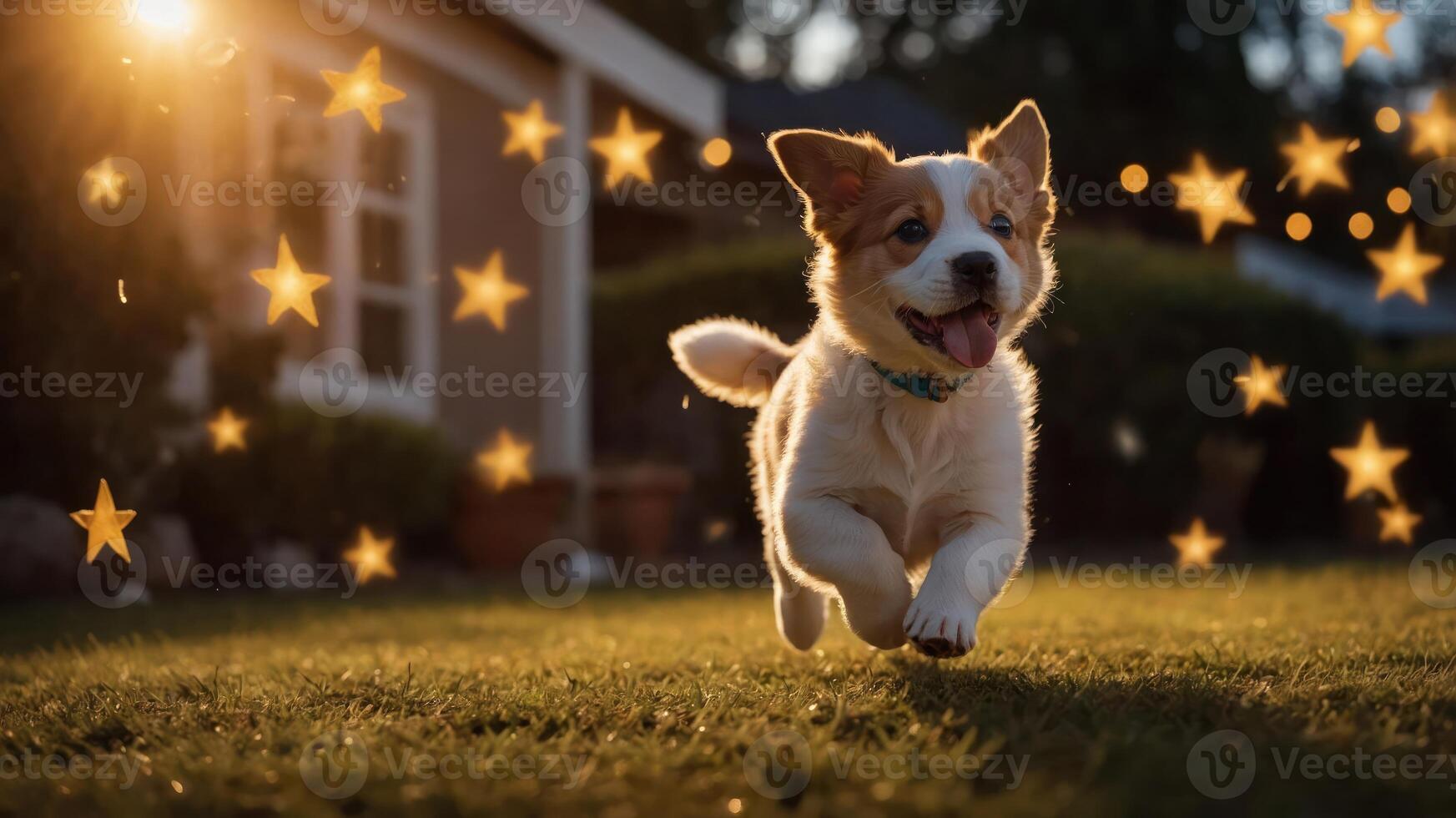 A joyful dog running through a grassy yard with whimsical stars in the background. photo