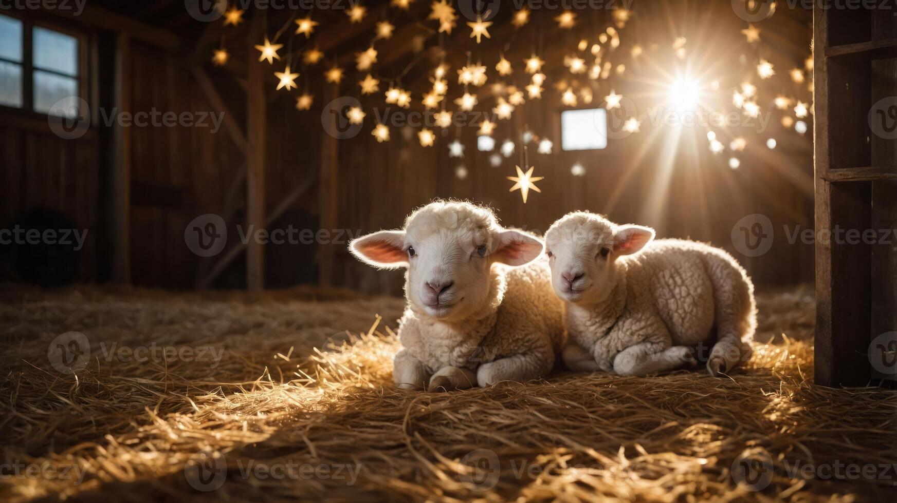 Two lambs resting in a barn with warm light and decorative stars. photo