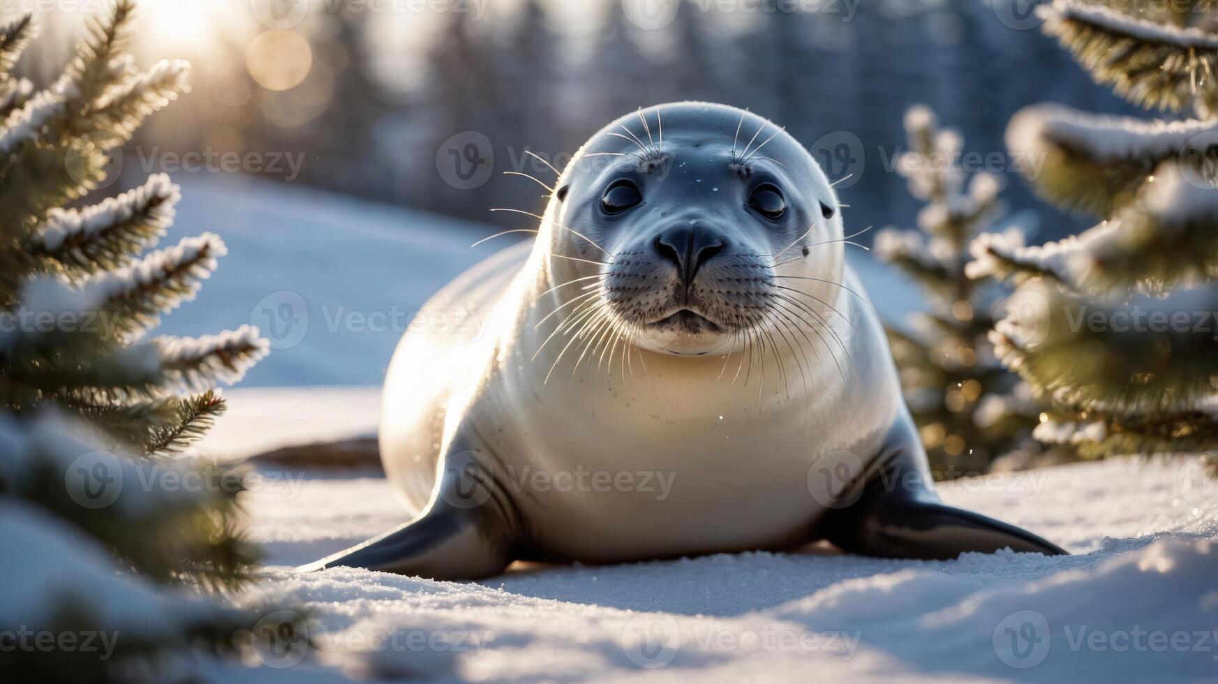 A seal resting on snow with trees in the background during a sunny winter day. photo
