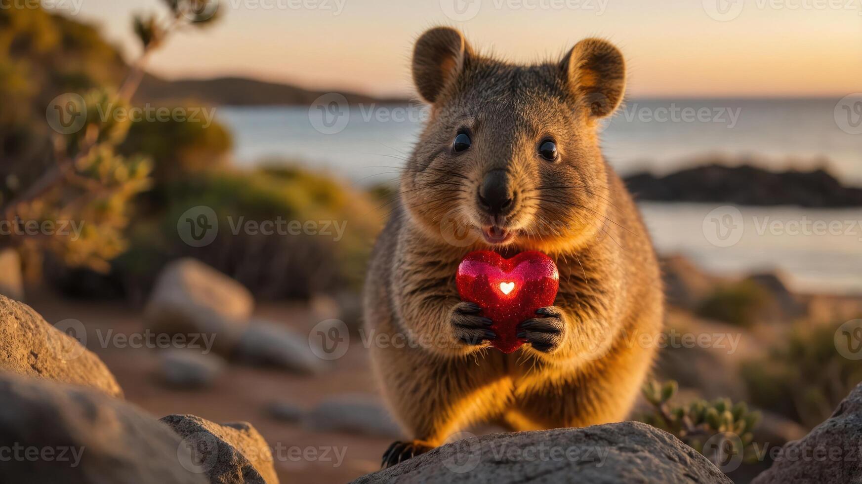A cute animal holds a heart-shaped object against a scenic sunset backdrop. photo