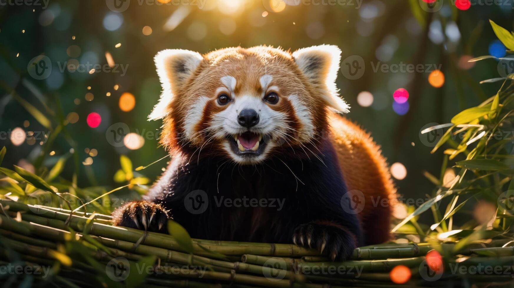 A cheerful red panda resting on bamboo, illuminated by soft sunlight and surrounded by sparkles. photo