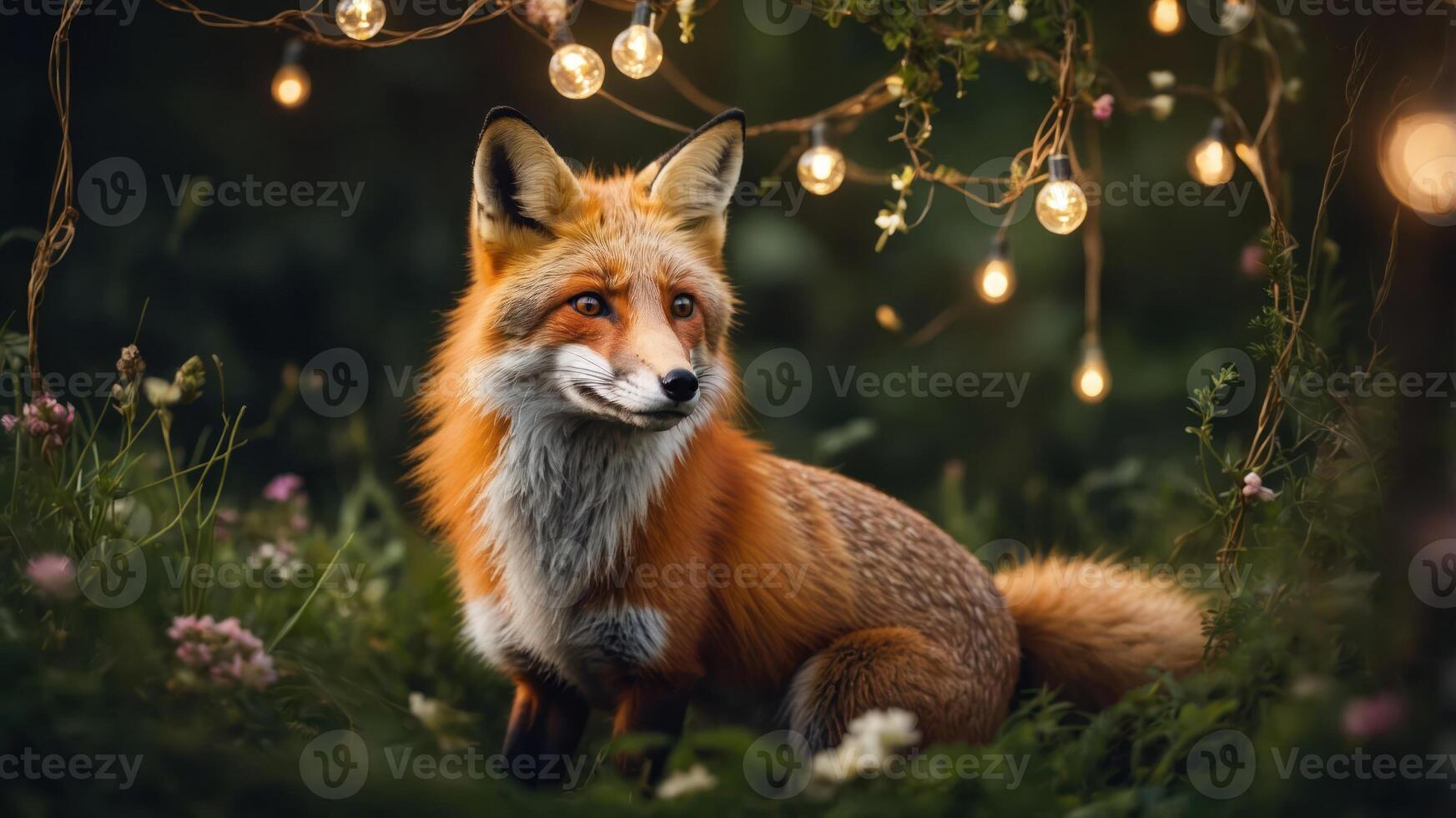 A serene fox sits among flowers and fairy lights in a magical forest setting. photo