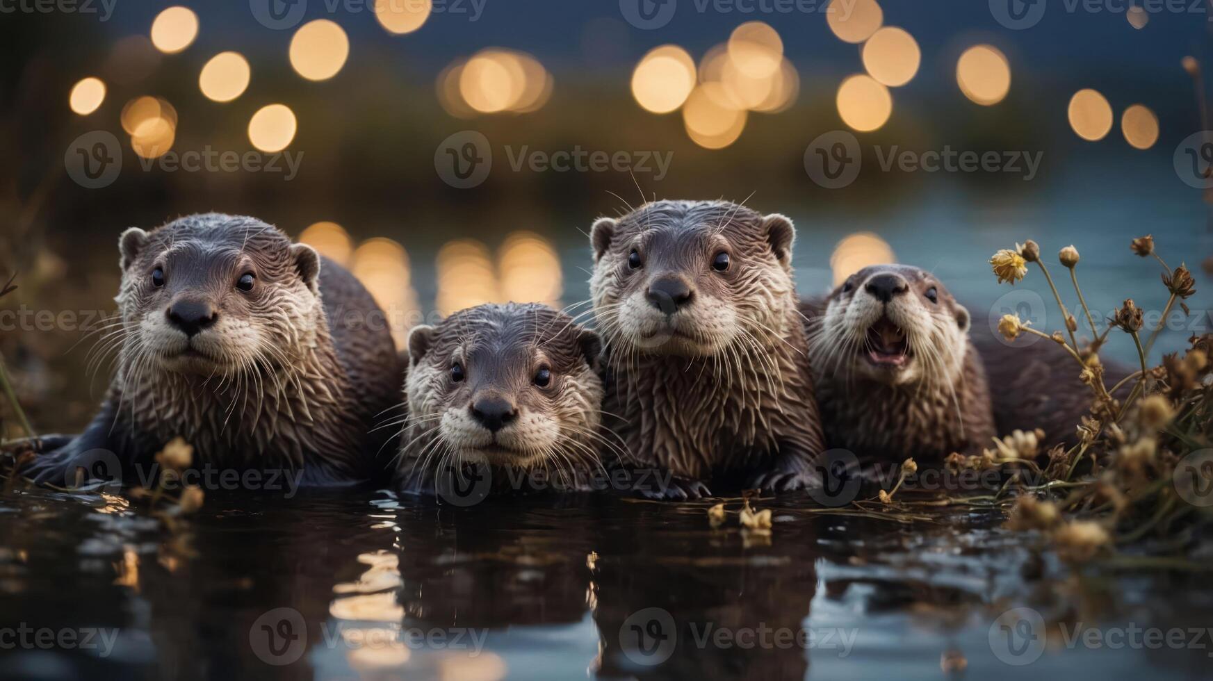 A group of four otters playfully gathered by the water, surrounded by soft, glowing lights. photo