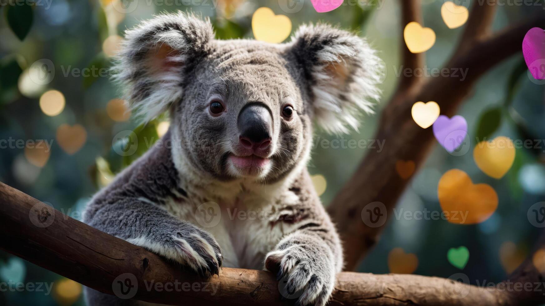 A close-up of a koala resting on a branch with a colorful bokeh background. photo